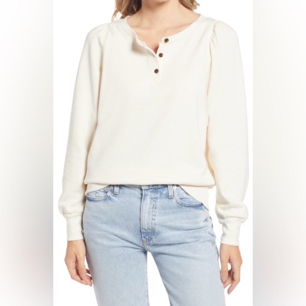 Madewell Puff Sleeve Henley Sweatshirt in Antique Cream Size Small NWT
